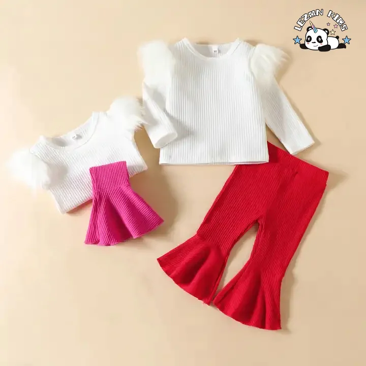 LEZONKIDS - New Children's Clothes Girls' Suit Pit Strip Cotton Long-Sleeved Top Flare Pants Two-Piece Set